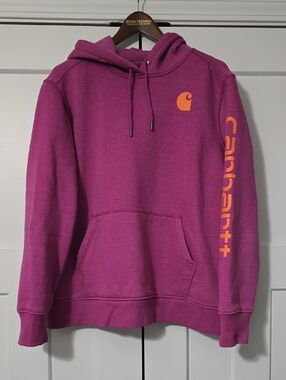 Carhartt Womens Hooded Pullover in Magenta with Orange Logo
